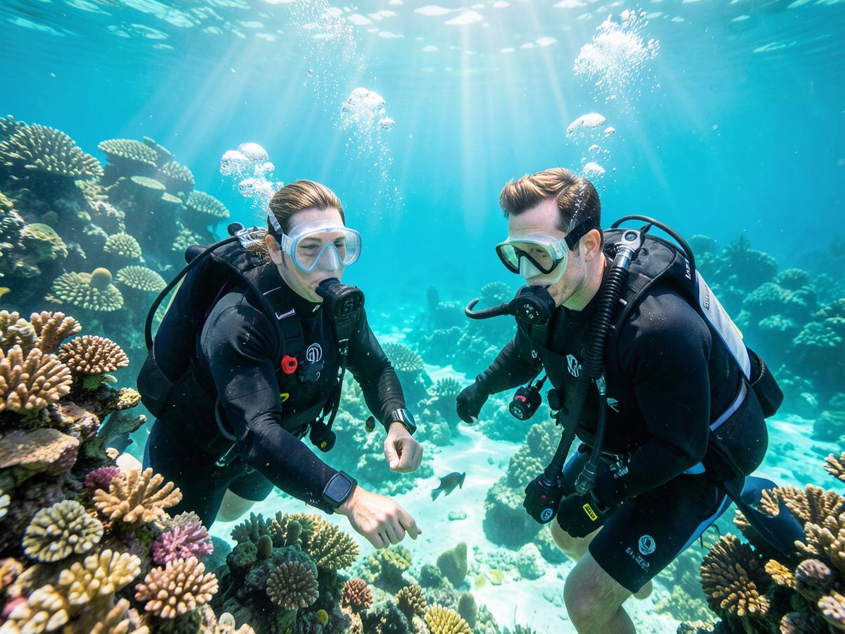 Anfänger entdeckt gemeinsam mit seinem Tauchlehrer das Rote Meer