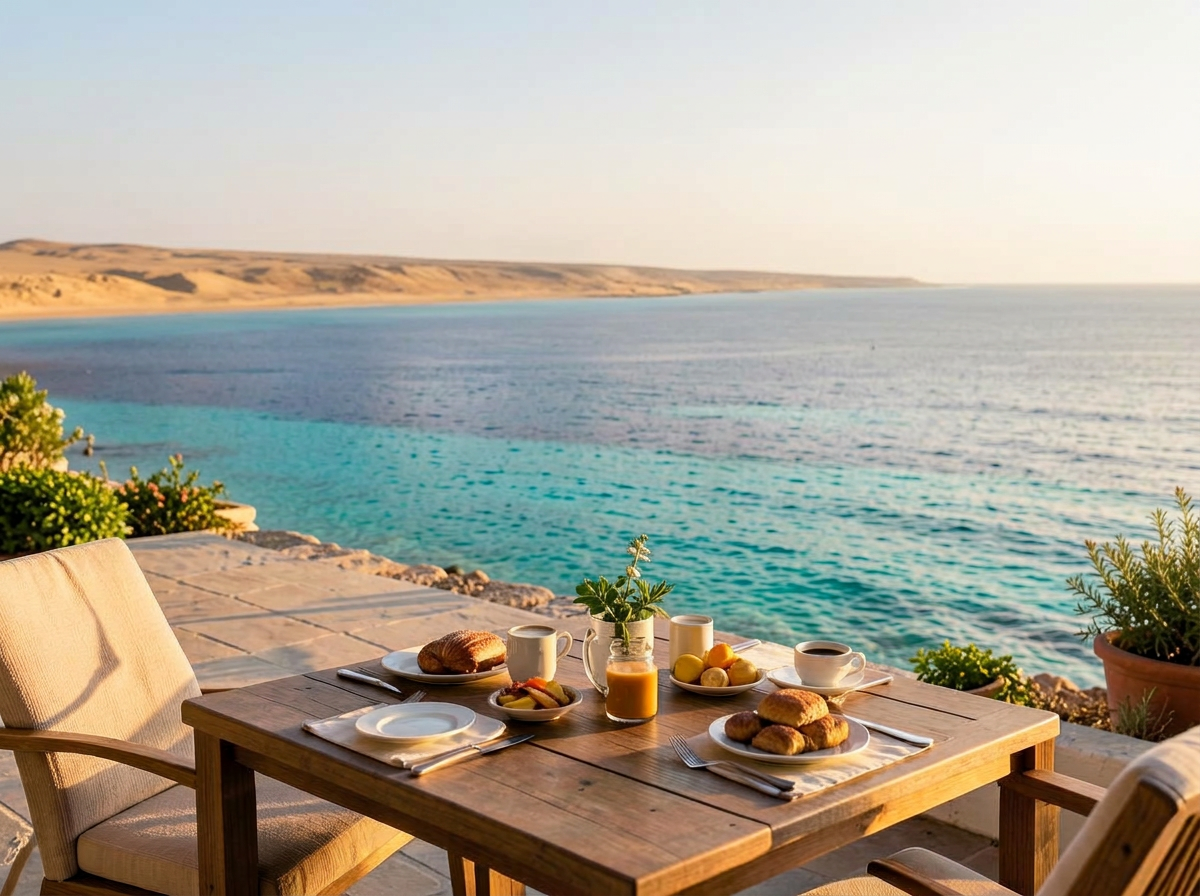 Frühstück auf einer Terrasse mit Blick auf das Rote Meer